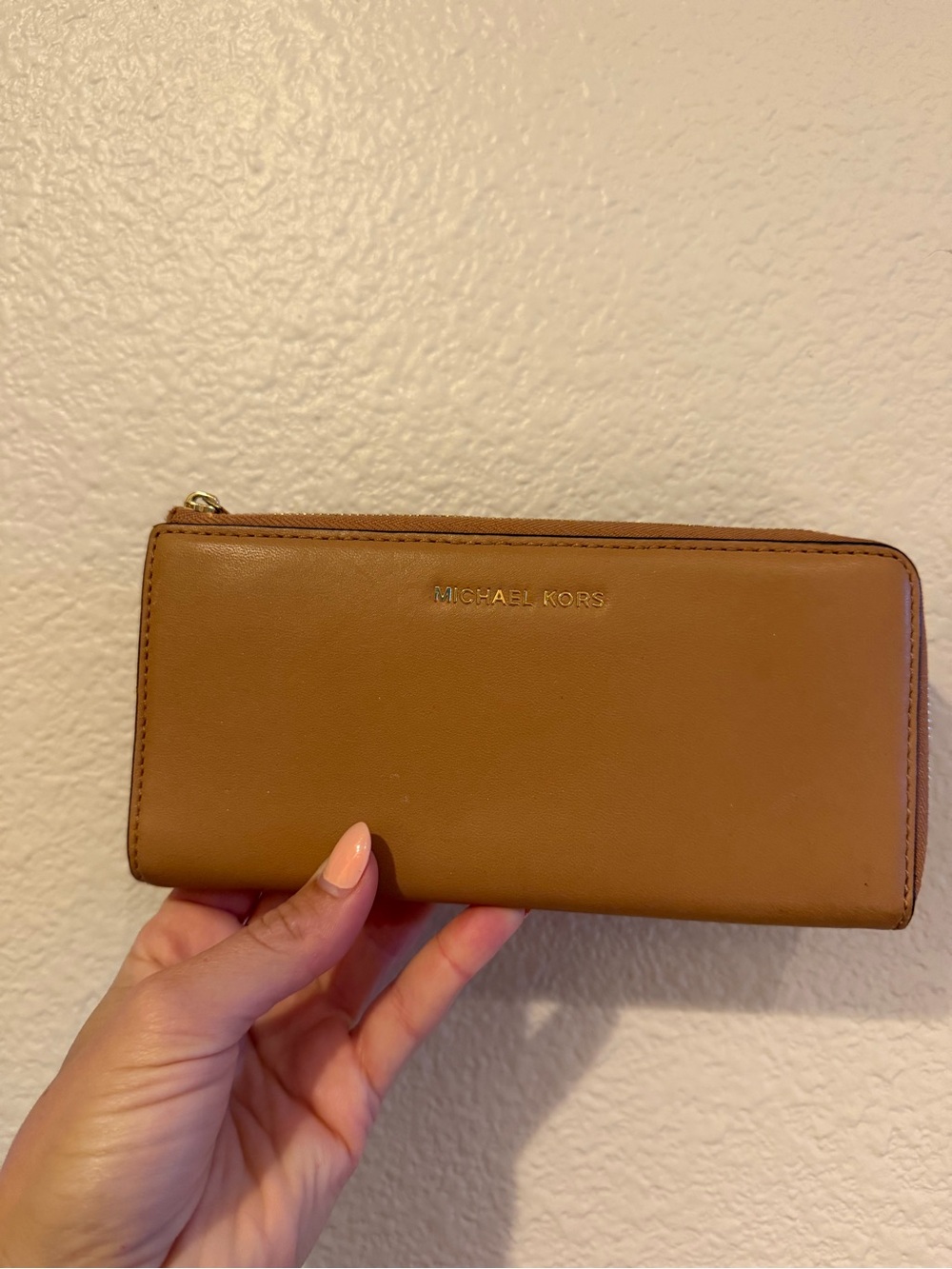 Michael Kors Caramel Brown Leather Zip Wallet with Gold Logo